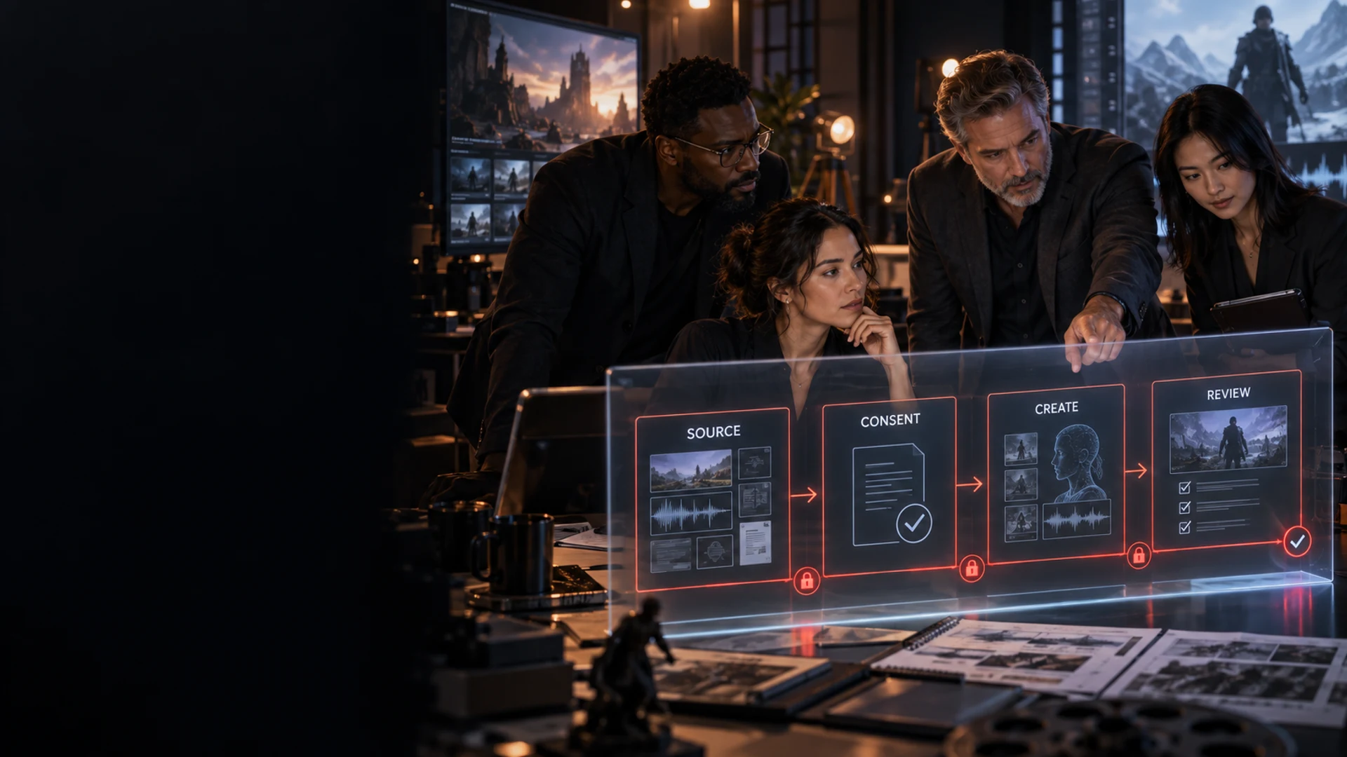 VEYR original editorial artwork of entertainment producers reviewing an AI production guardrail workflow