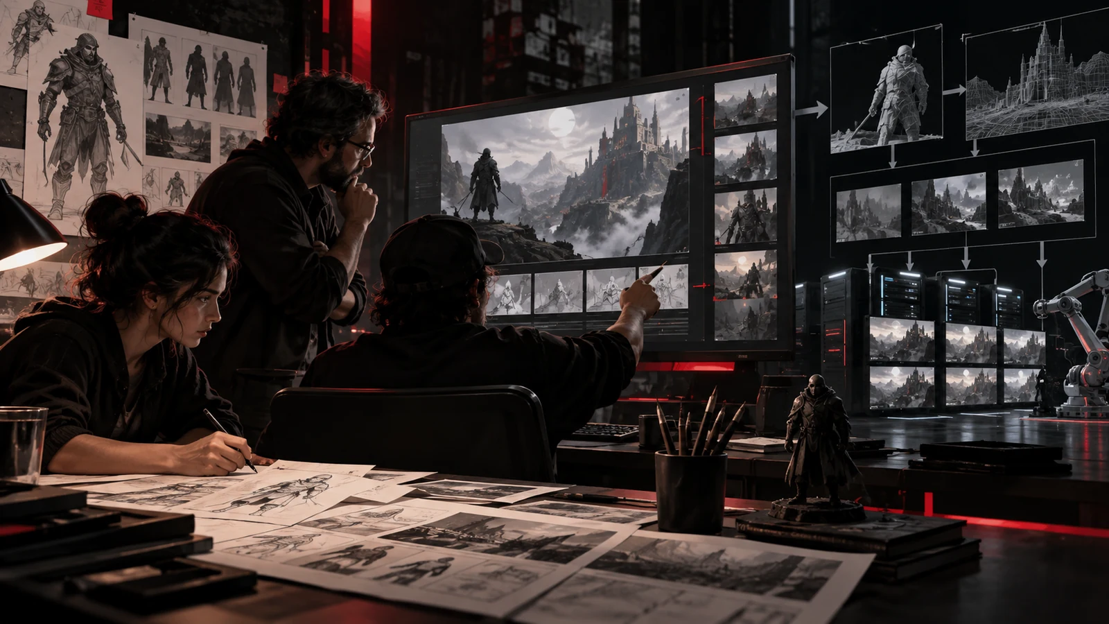 VEYR original editorial artwork showing human artists directing an AI-assisted game concept studio