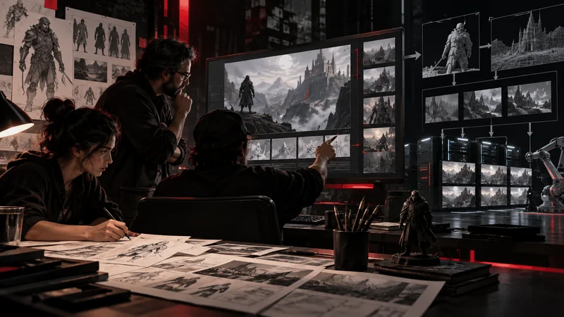 VEYR original editorial artwork showing human artists directing an AI-assisted game concept studio