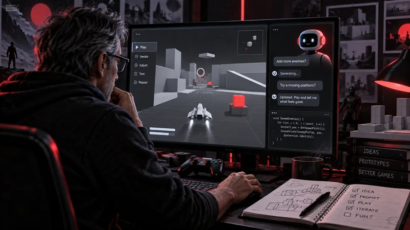 VEYR original editorial artwork showing a designer iterating on a greybox game prototype with an AI assistant