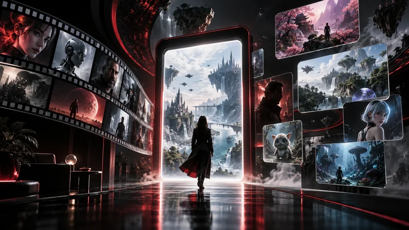 VEYR original editorial artwork showing a cinematic gateway into multiple AI-native film worlds